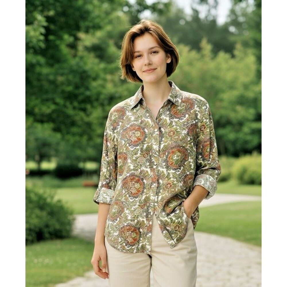 NWT Talbots button up tab roll sleeve colorful floral summer shirt 14P MSRP $69